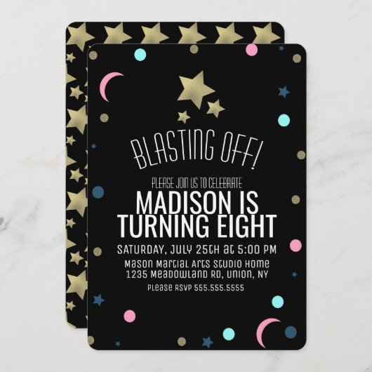 Galaxy Faux Gold Stars Confetti Space Birthday Kaart (Voorkant / Achterkant)