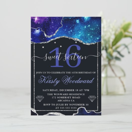 Galaxy & Faux Silver Glitter Agate Sweet 16 Kaart (Staand voorkant)