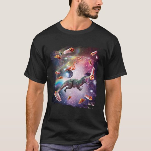 Galaxy Flamingo Riding Dinosaur In Space  Rainbow T-shirt (Voorkant)