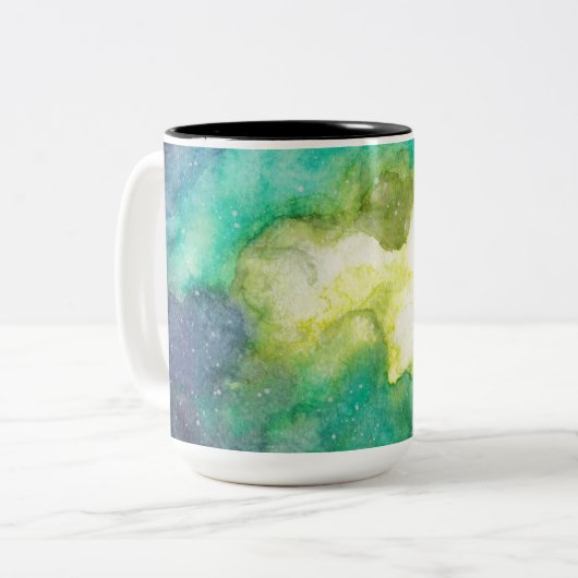 Galaxy fushia groen blauw waterverf tweekleurige koffiemok (Voorkant links)