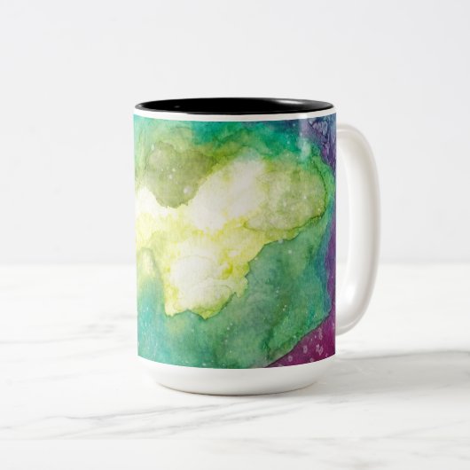 Galaxy fushia groen blauw waterverf tweekleurige koffiemok (Voorkant rechts)
