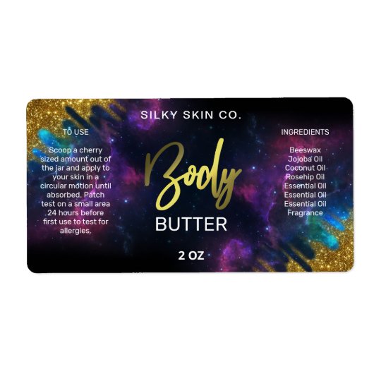 Galaxy Glitter Black en Gold Body Butter Labels (Voorkant)