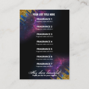 Galaxy Glitter Black en Gold Fragrance List Card Visitekaartje