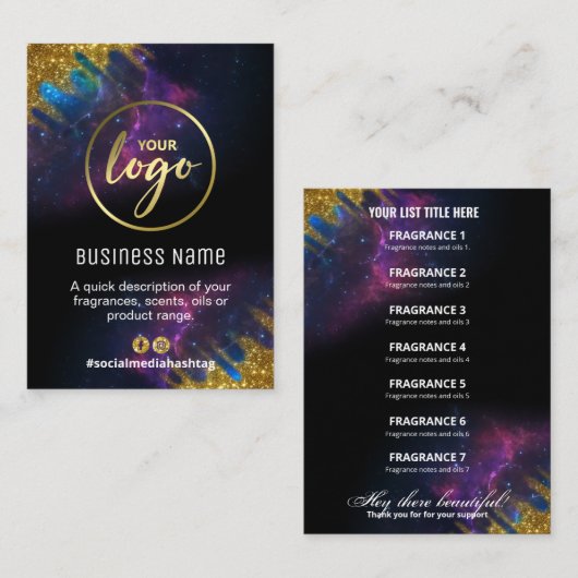Galaxy Glitter Black en Gold Fragrance List Card Visitekaartje (Voorkant / Achterkant)