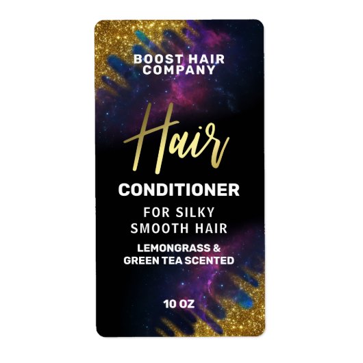 Galaxy Glitter Black en Gold Hair Product Labels (Voorkant)