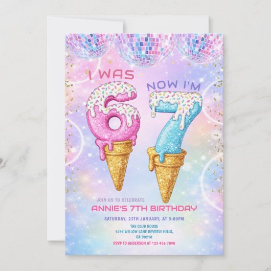 Galaxy Glitter Disco Ball 7 Birthday Ice Cream  Kaart (Voorkant)