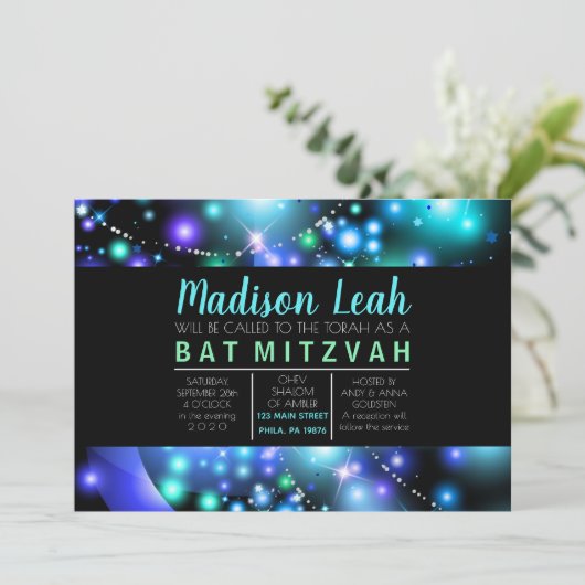 GALAXY GLOWING STARS Bat Mitzvah Invitation Kaart (Staand voorkant)