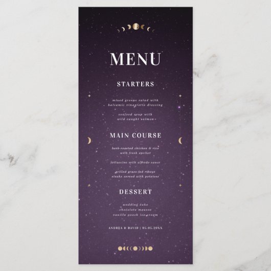 Galaxy Gold Moon Celestial Weddenschap Menu (Voorkant)