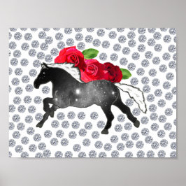 Galaxy Horse Black White Nebula Rozen en diamanten Poster