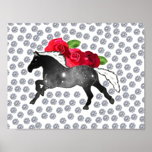 Galaxy Horse Black White Nebula Rozen en diamanten Poster (Voorkant)