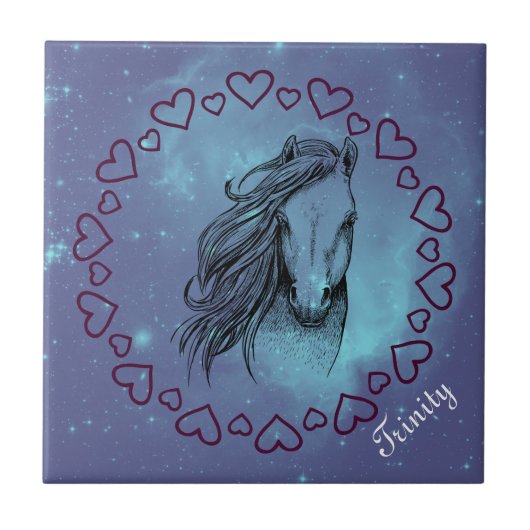 Galaxy Horse & Hearts met optionele naam Tegeltje (Voorkant)