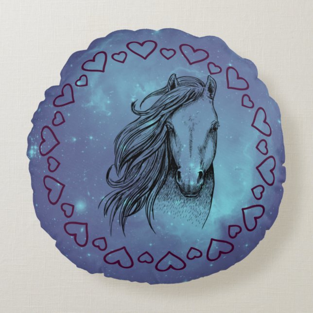 Galaxy Horse & Hearts Rond Kussen (Voorkant)