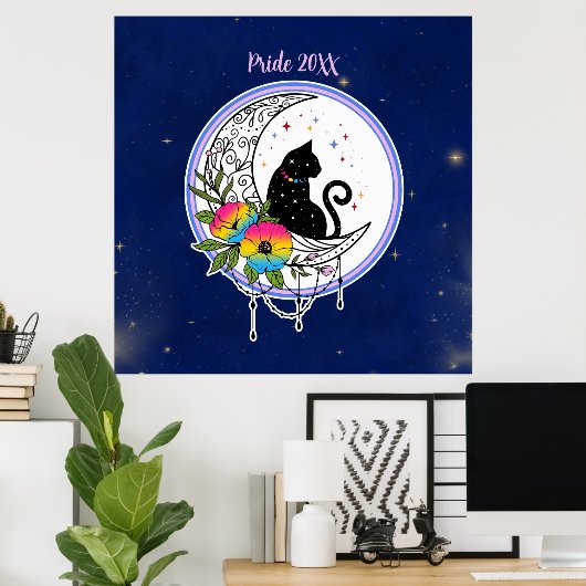 Galaxy Kat en Bloemen in Pansexual Vlag Kleuren Poster (Thuiskantoor)