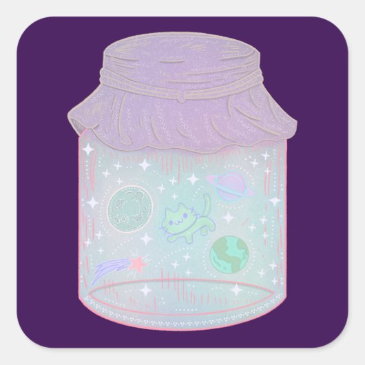 Galaxy Kat in een Pot | Kawaii Ruimtekat Kunst Vierkante Sticker (Voorkant)