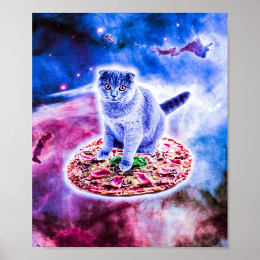 Galaxy Kitty Cat Riding Pizza in de ruimte Poster (Voorkant)