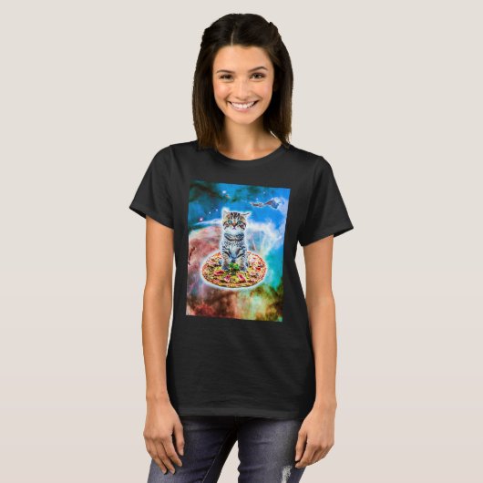 Galaxy Kitty Cat Riding Pizza In Space T-shirt (Voorkant volledig)
