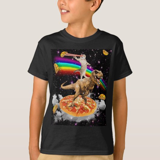 Galaxy Laser Cat op Dinosaur op Pizza met Tacos & T-shirt (Voorkant)