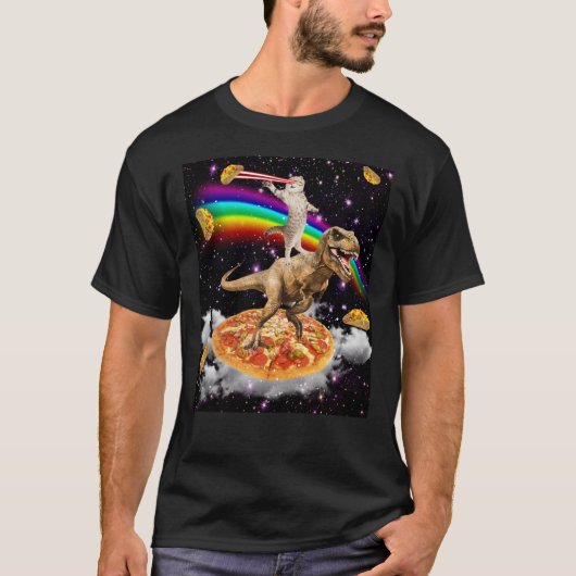 Galaxy Laser Eye Cat op Dinosaur op Pizza met Tac T-shirt (Voorkant)