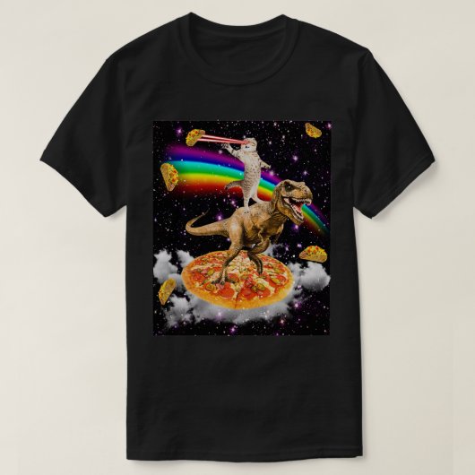 Galaxy Laser Eye Cat op Dinosaur op Pizza met Tac T-shirt (Design voorkant)