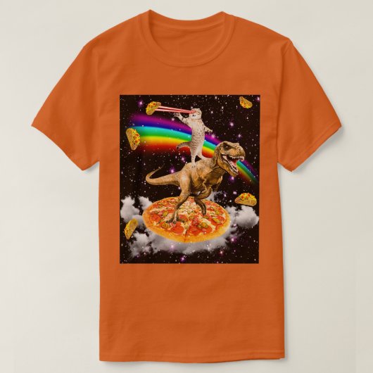 Galaxy Laser Eye Cat op Dinosaur op Pizza met Tac T-shirt (Design voorkant)