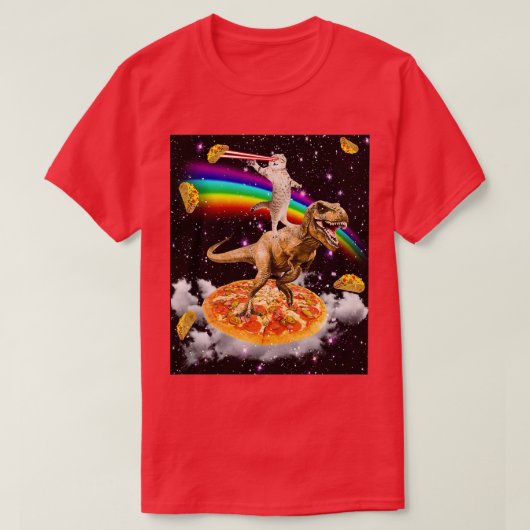 Galaxy Laser Eye Cat op Dinosaur op Pizza met Tac T-shirt (Design voorkant)