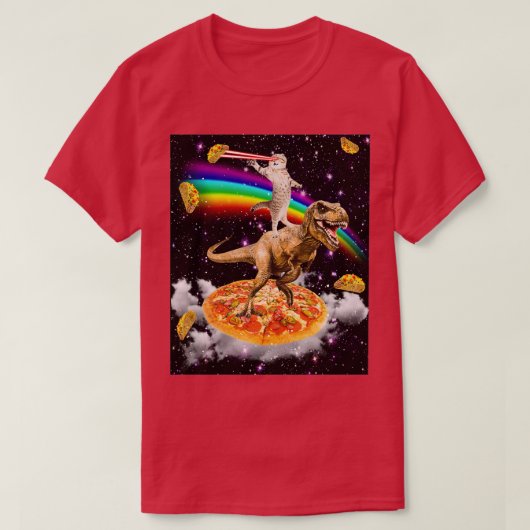 Galaxy Laser Eye Cat op Dinosaur op Pizza met Tac T-shirt (Design voorkant)