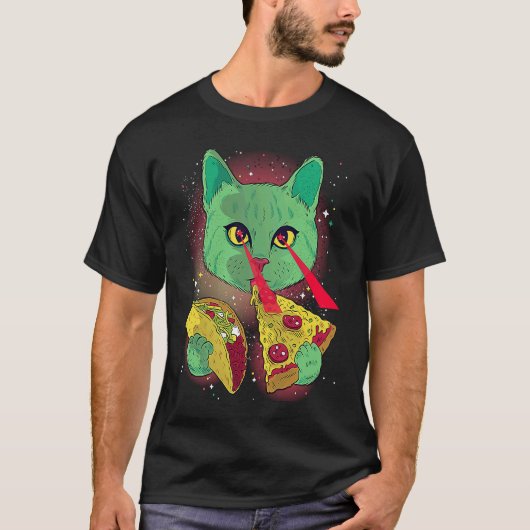 Galaxy Laser Kat Ruimte Pizza met Lazer Ogen T-shirt (Voorkant)
