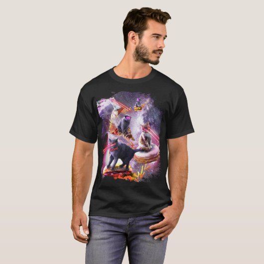 Galaxy Laser ruimte kat op hamburger pizza donut i T-shirt (Voorkant volledig)