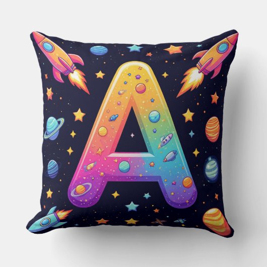 🪐 Galaxy Letter A Raketten Planeten Sterren Kinde Kussen (Voorkant)