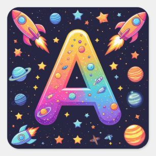 🪐 Galaxy Letter A Raketten Planeten Sterren Kinde Vierkante Sticker