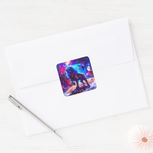 Galaxy Lion Blue Vierkante Sticker (Envelop)