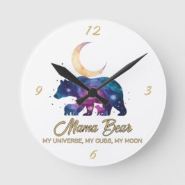 Galaxy Mama Bear & Cubs Moon Silhouette Ronde Klok