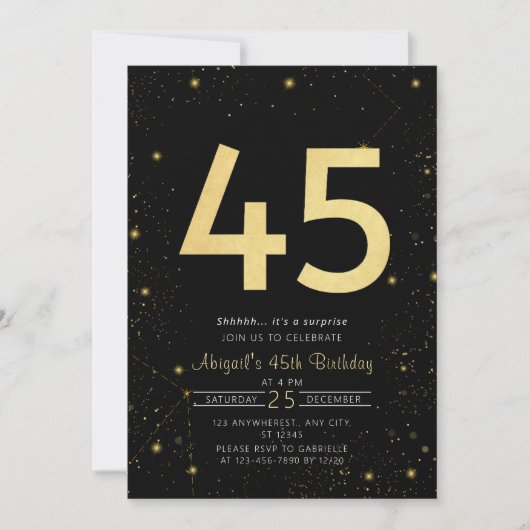 Galaxy Modern Zwart en Goud 45e Verjaardagsfeestje Kaart (Voorkant)
