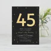 Galaxy Modern Zwart en Goud 45e Verjaardagsfeestje Kaart (Staand voorkant)