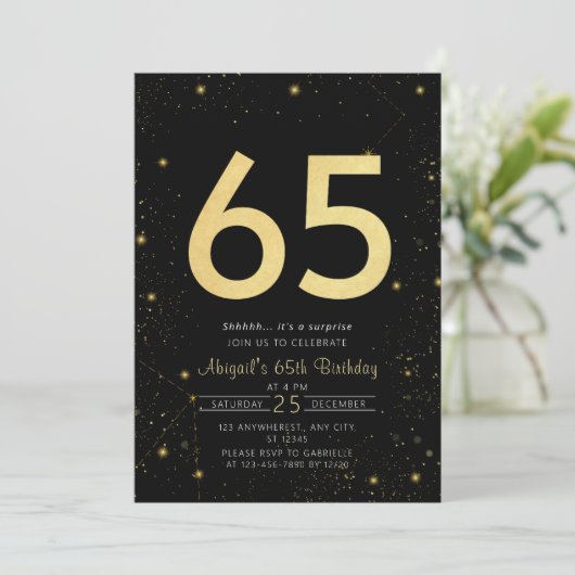 Galaxy Modern Zwart en Goud 65e Verjaardagsfeestje Kaart (Staand voorkant)