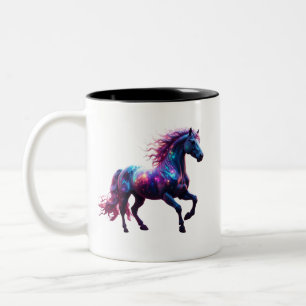 Galaxy Neon Horse Art - Levendige Ruimtefantasie Tweekleurige Koffiemok