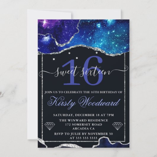 Galaxy & Nep Silver Glitter Agate Sweet 16 Kaart (Voorkant)