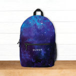 Galaxy Outer Space Universe w / Naam Kinder Bedrukte Rugzak<br><div class="desc">Dit leuke kinder rugzakontwerp heeft een waterverf van de diepe buitenruimte in tinten donkerblauw, paarse en cyaan. U kunt het aanpassen met de naam van uw kind op de voorkant. Als u liever geen naam opgeeft, verwijdert u die tekst gewoon. Het is een cool modern ontwerp voor kinderen en zelfs...</div>