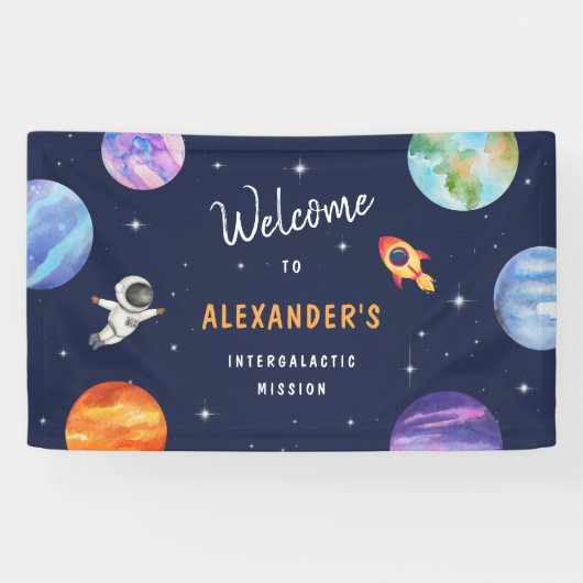 Galaxy Outer Space Verjaardag Waterverf Welkom Spandoek (Horizontaal)