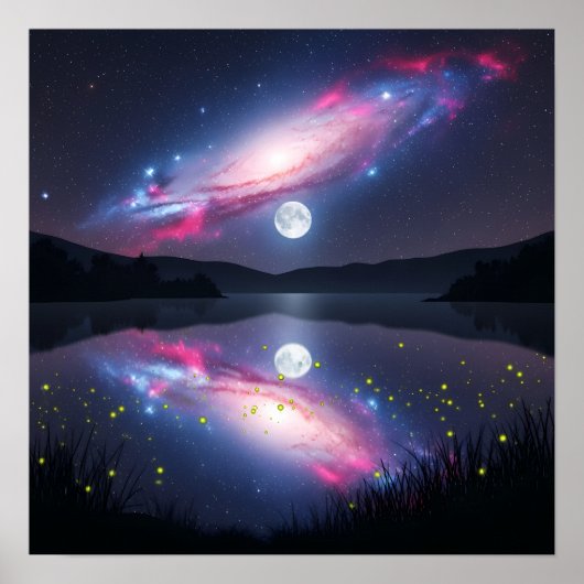 Galaxy Over Moonlit Lake with Cosmic Reflection Poster (Voorkant)