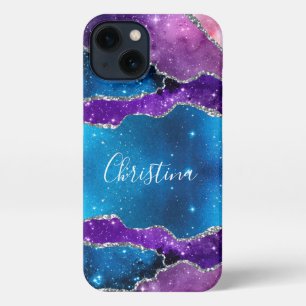Galaxy Paarse, blauw gemarmerde agaat & zilveren g iPhone 13 Hoesje