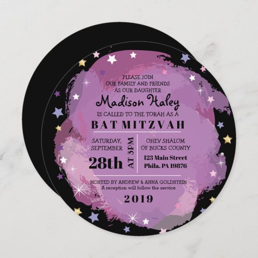 GALAXY Paarse Gold Stars Bat Mitzvah Uitnodiging (Voorkant / Achterkant)