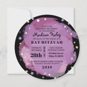 GALAXY Paarse Gold Stars Bat Mitzvah Uitnodiging