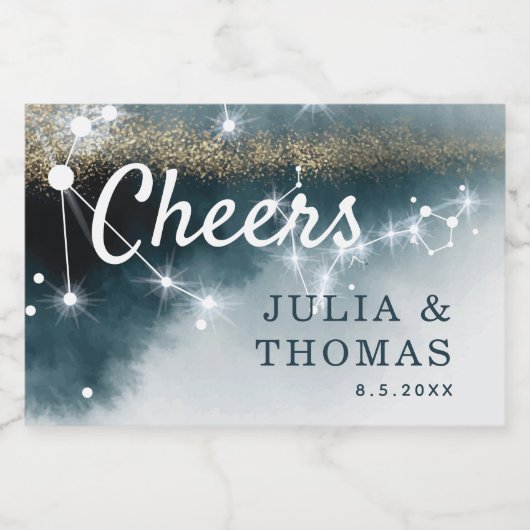Galaxy Personalized Blue Gold Stars Wedding Sparkling Wijnetiket (Enkel label)