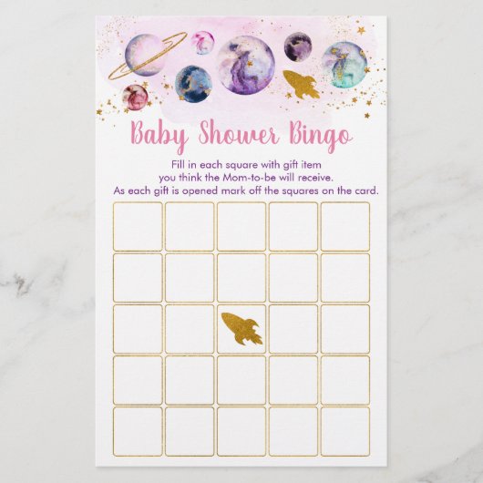 Galaxy Pink Gold Space Baby shower Bingo (Voorkant)