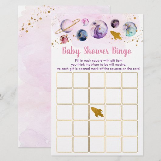 Galaxy Pink Gold Space Baby shower Bingo (Voorkant / Achterkant)