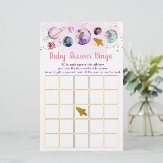 Galaxy Pink Gold Space Baby shower Bingo (Staand voorkant)