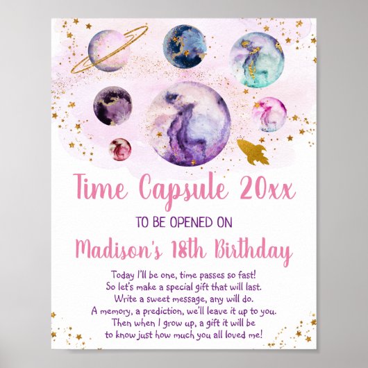 Galaxy Pink Gold Space Time Capsule 1e verjaardag Poster (Voorkant)