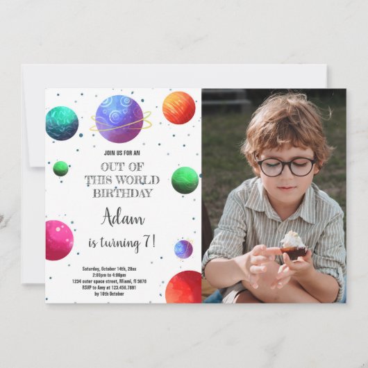 Galaxy Planets Verjaardag Uitnodiging met Foto (Voorkant)