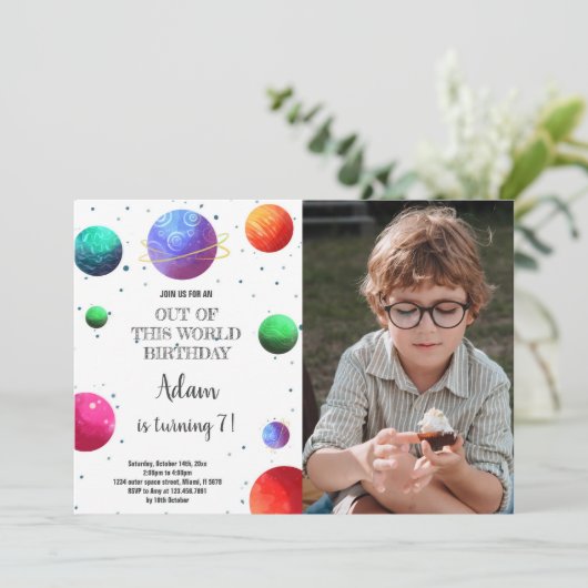 Galaxy Planets Verjaardag Uitnodiging met Foto (Staand voorkant)